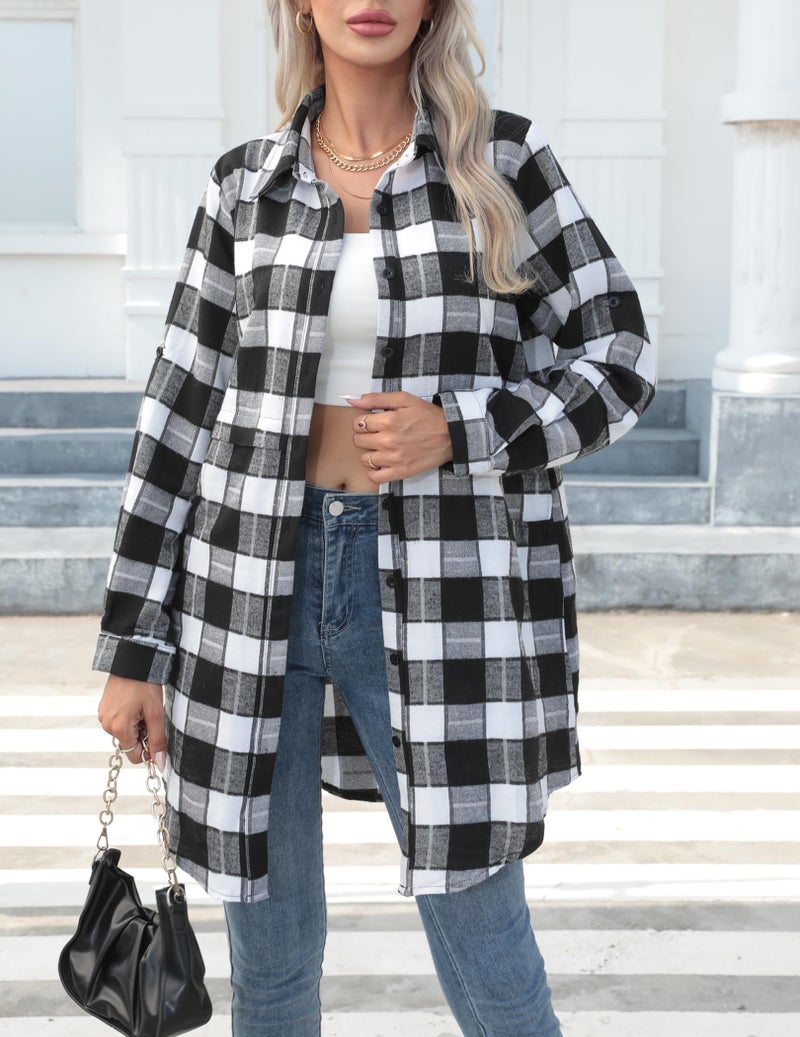 HOTOUCH Women's Flannel Shackets Mid-Long Style Roll-Up Sleeve Plaid Flannel Shirt (Black S)